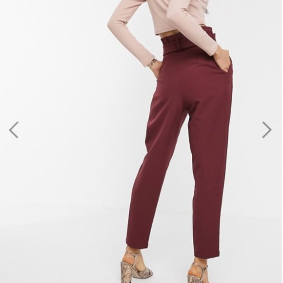 ASOS DESIGN paperbag pants with d ring in oxblood - Picture 2 of 4